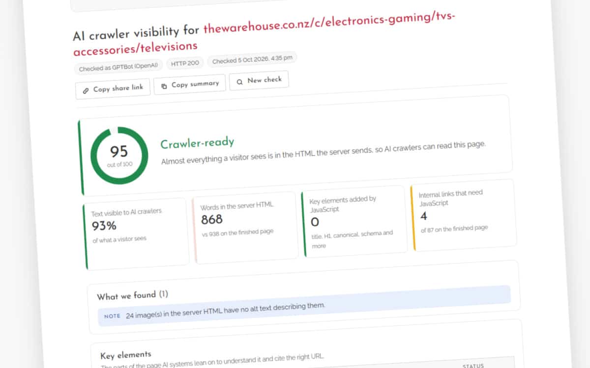 AI Crawler Accessibility Check report showing a page's visibility score and the content AI crawlers miss